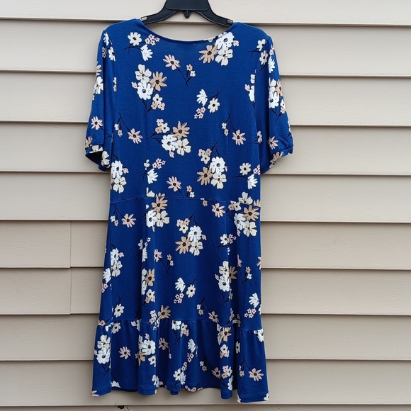 LOFT Women's Royal Blue Floral Short Sleeve  Dress with Ruffle Hem - 14 - Picture 2 of 5